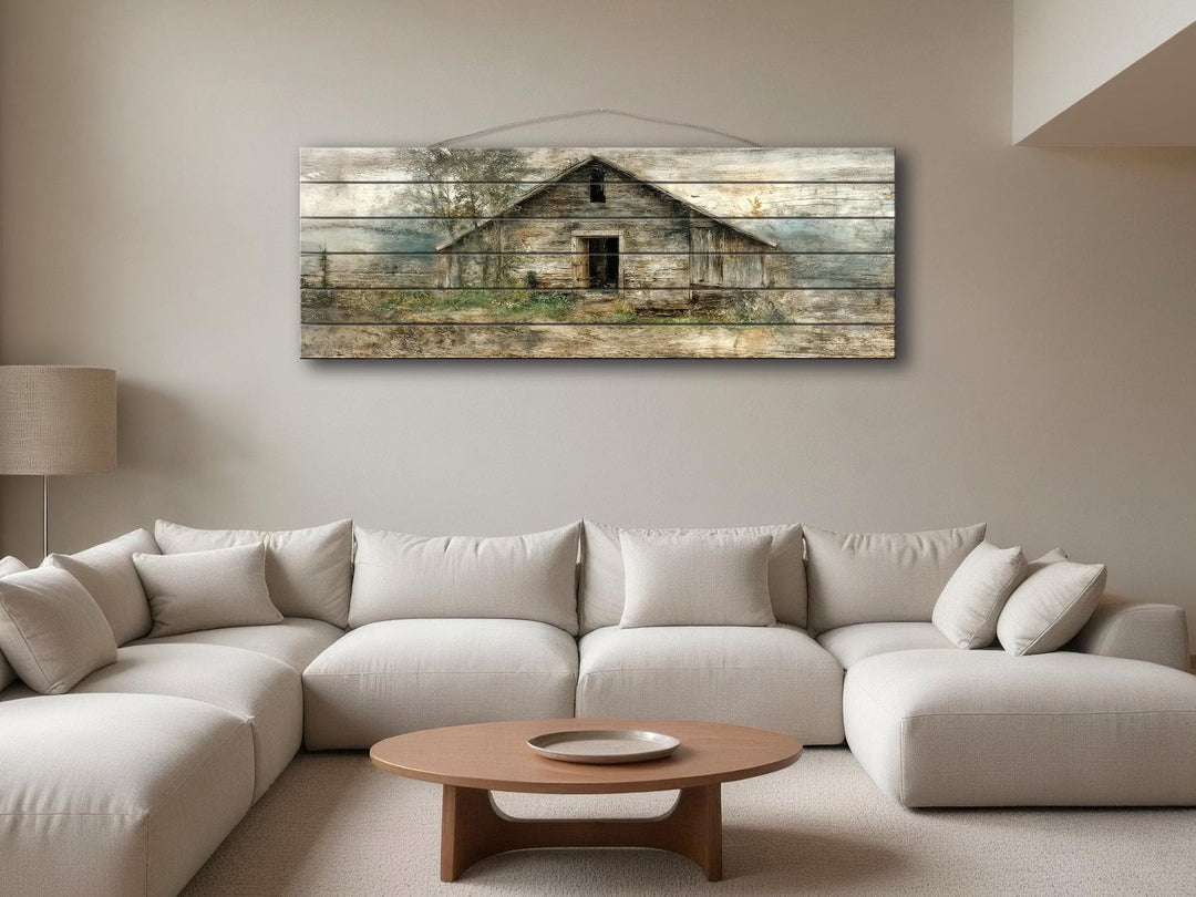 Rustic horizontal narrow barn wood wall art featuring a distressed farmhouse landscape print.