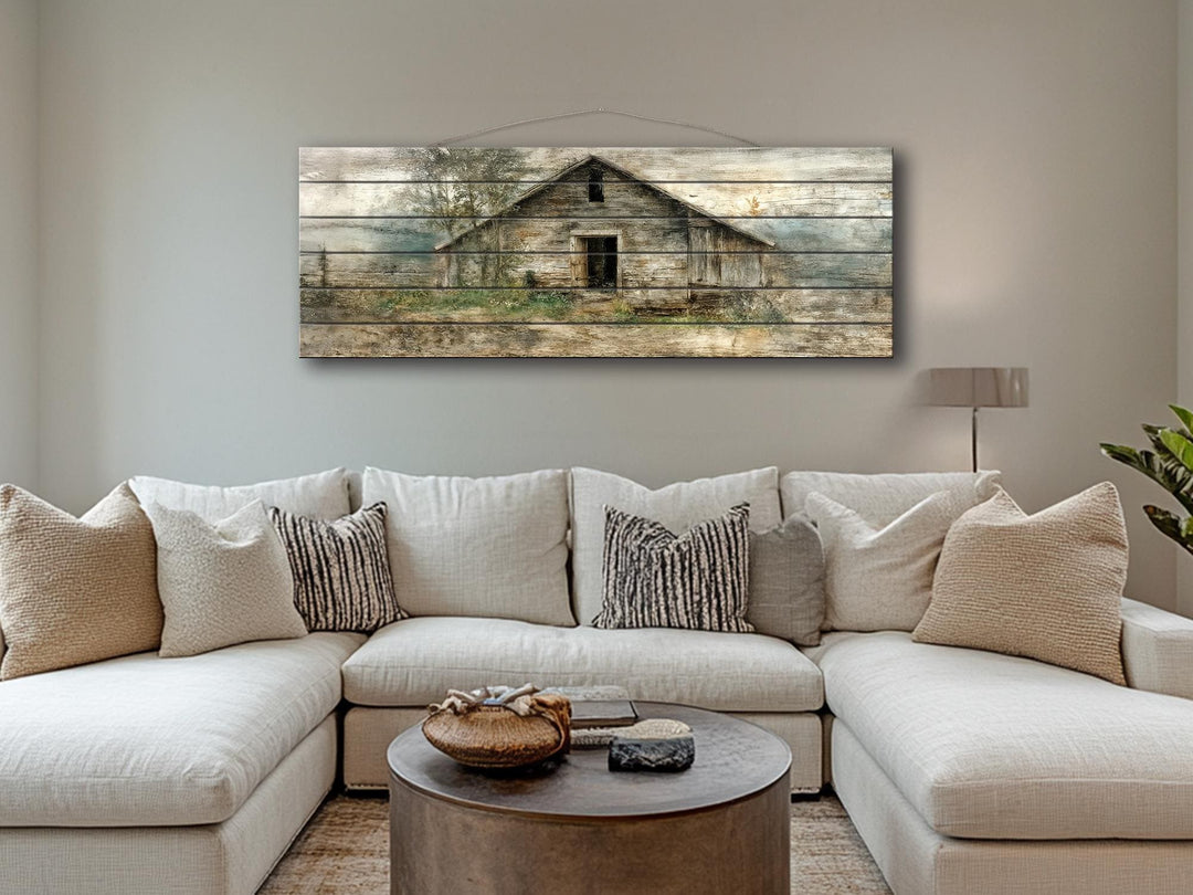 Rustic horizontal narrow barn wood wall art featuring a distressed farmhouse landscape print.