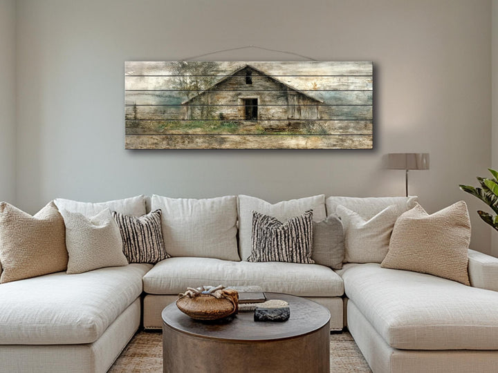 Rustic horizontal narrow barn wood wall art featuring a distressed farmhouse landscape print.