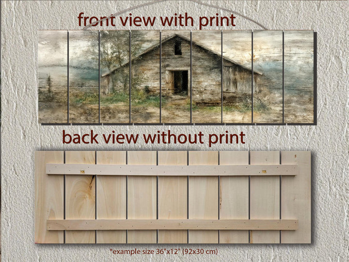 Rustic horizontal wood wall art featuring a distressed farmhouse barn landscape on real planks.