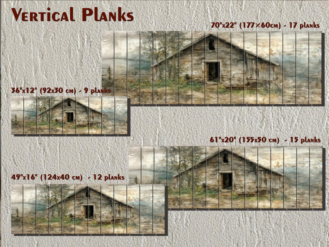 Rustic barn wood wall art featuring a weathered farmhouse landscape printed on vertical wood planks.