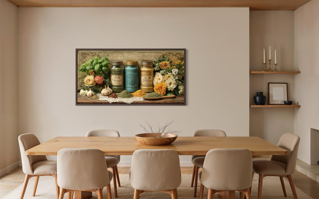 Rustic kitchen wall art featuring herbs and spices in jars displayed above a wooden dining table.