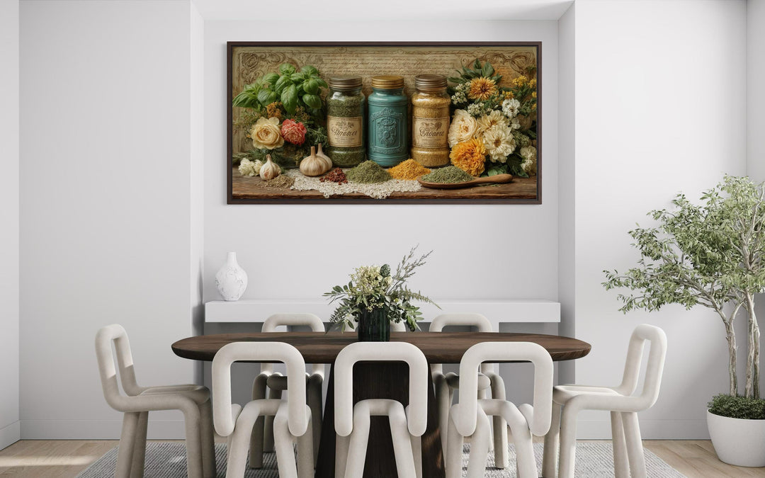 Rustic kitchen wall art featuring herbs and spices on canvas above a modern dining table.