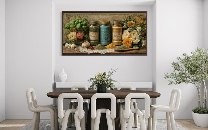 Rustic kitchen wall art featuring herbs and spices on canvas above a modern dining table.