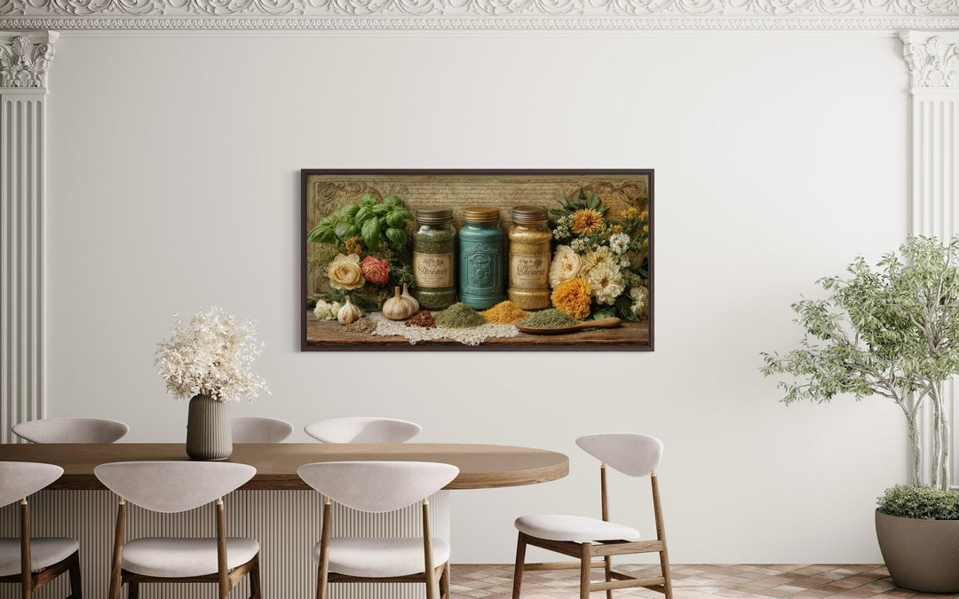 Rustic kitchen wall art featuring a canvas print of herbs and spices jars in a dining room setting.