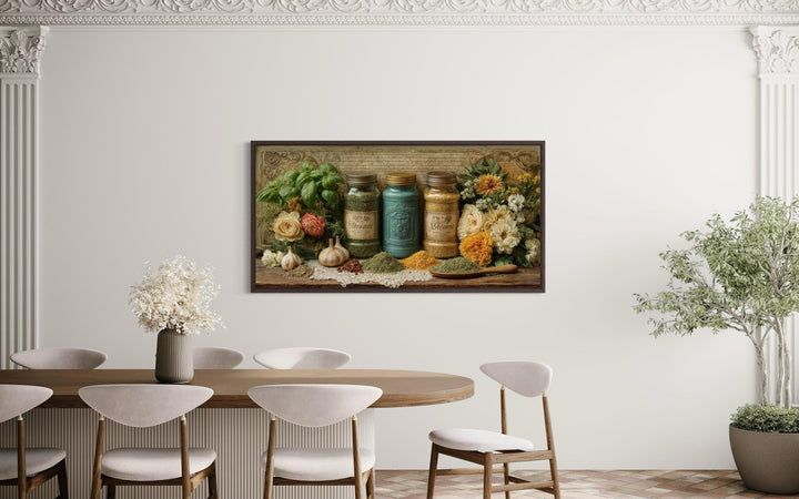Rustic kitchen wall art featuring a canvas print of herbs and spices jars in a dining room setting.