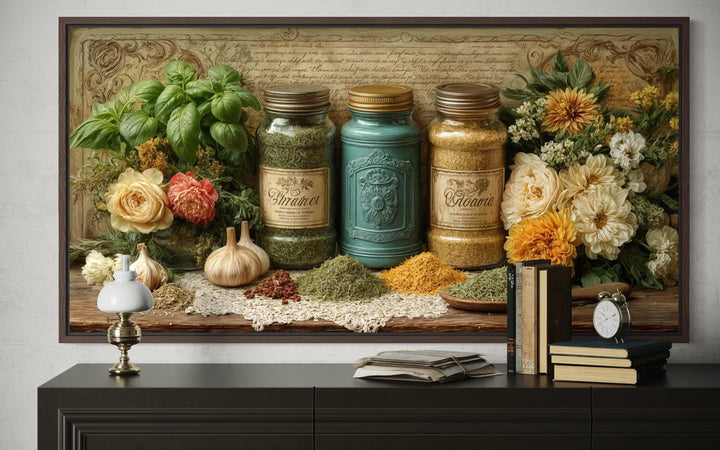 Rustic kitchen wall art featuring a framed canvas print of herbs, spices, and flowers on a shelf.