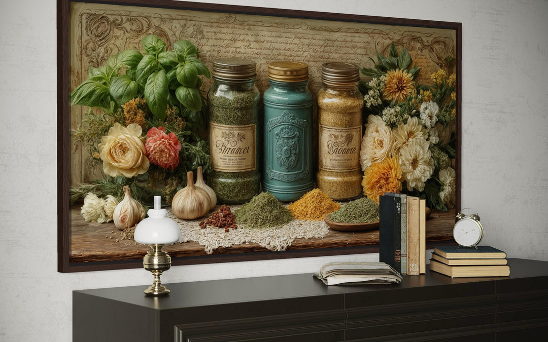 Rustic kitchen wall art featuring a canvas print of herbs, spices, and flowers on a wooden shelf.