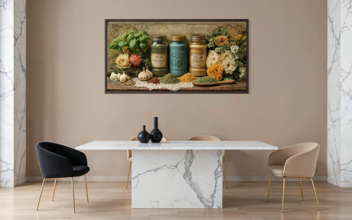 Rustic kitchen wall art featuring herbs and spices in jars above a marble dining table.