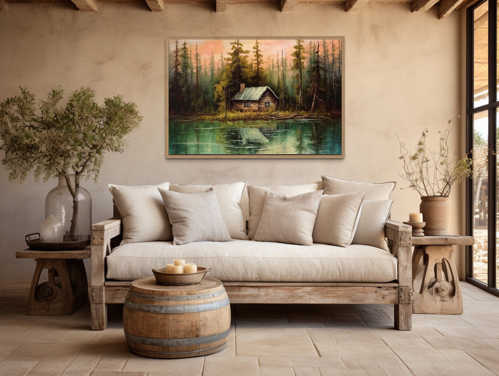 Rustic Lake And Cabin Framed Canvas Wall Art For Lake House