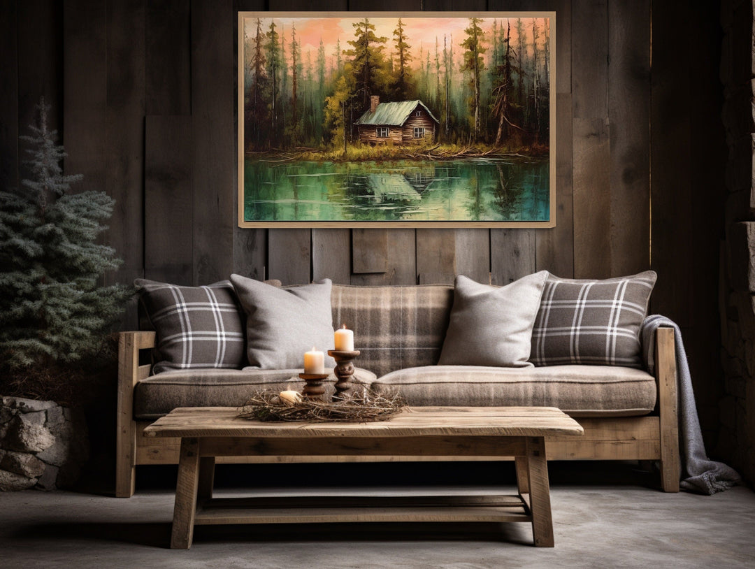 Rustic Lake And Cabin Framed Canvas Wall Art For Lake House