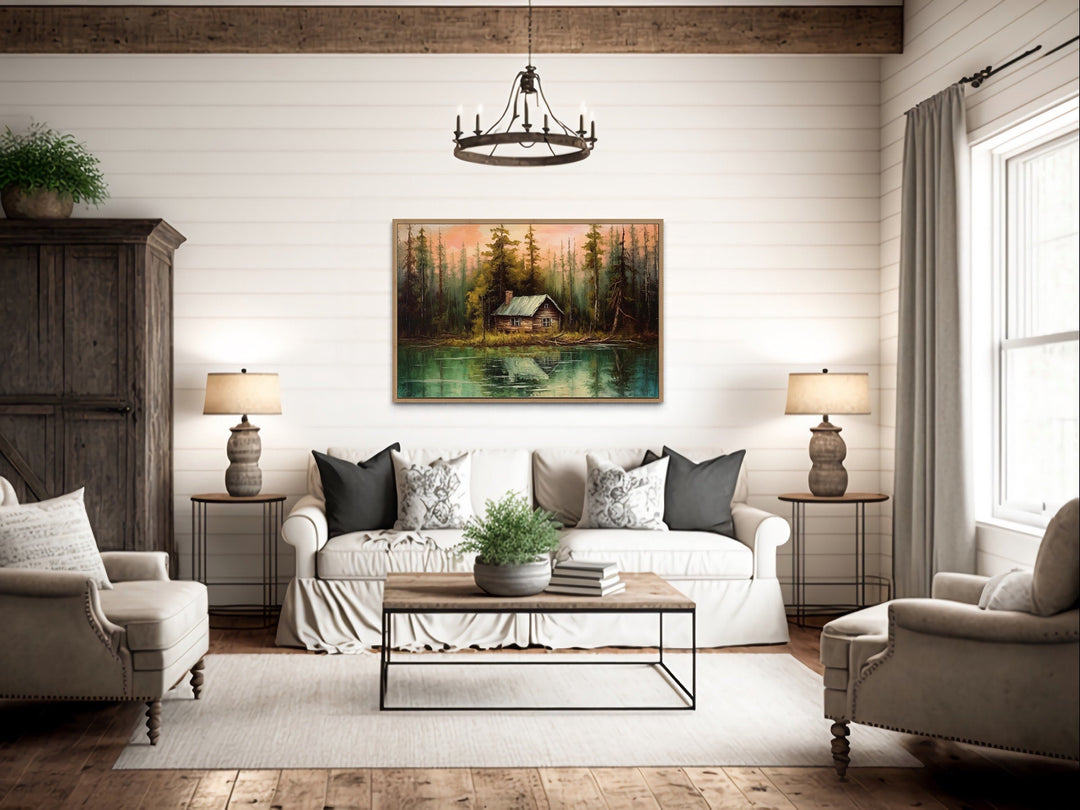 Rustic Lake And Cabin Framed Canvas Wall Art For Lake House