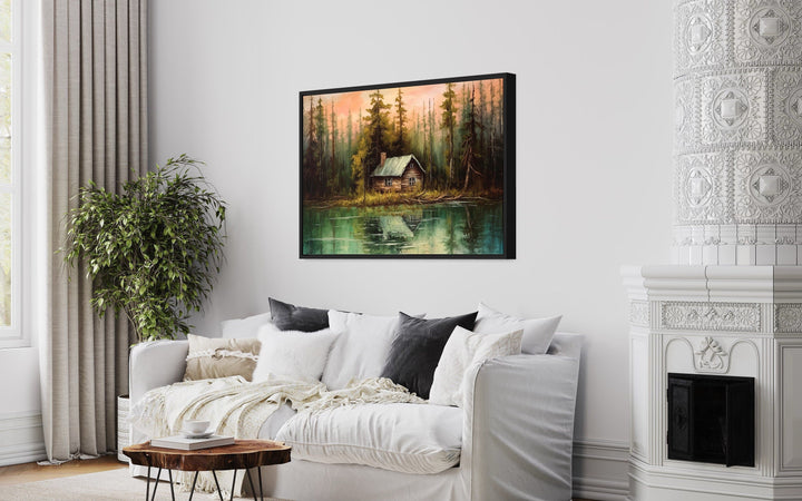 Rustic Lake And Cabin Framed Canvas Wall Art For Lake House