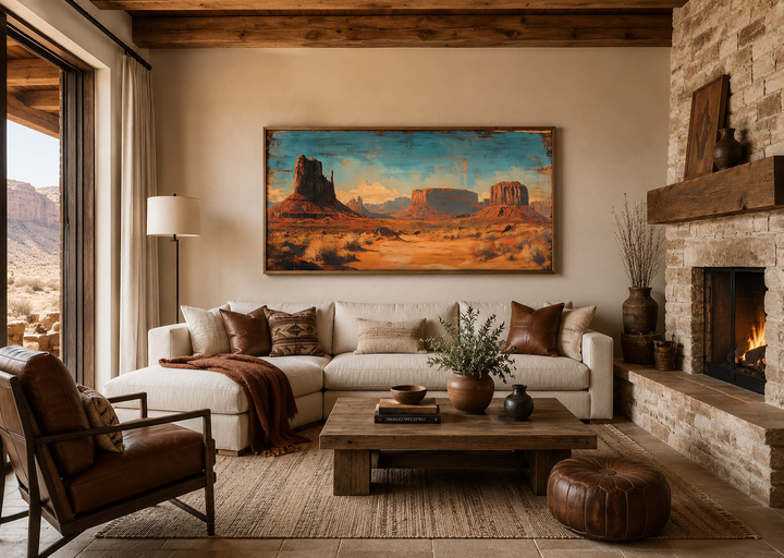 Rustic Monument Valley framed canvas wall art above a sofa in a southwestern style living room.