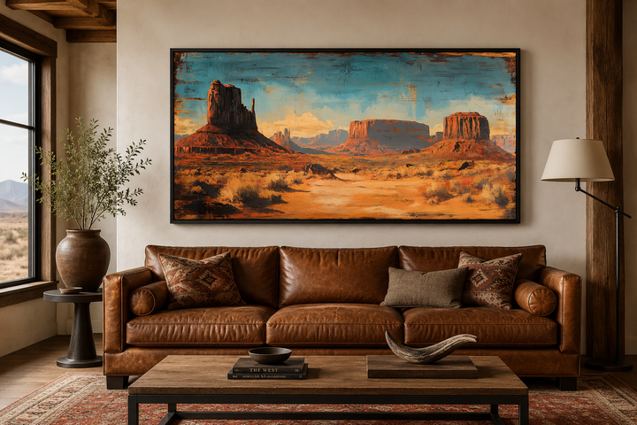 Rustic Monument Valley framed canvas wall art featuring red rock buttes over a brown leather sofa.