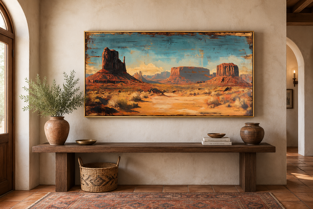 Rustic framed panoramic canvas art of Monument Valley desert landscape over a wooden console table.