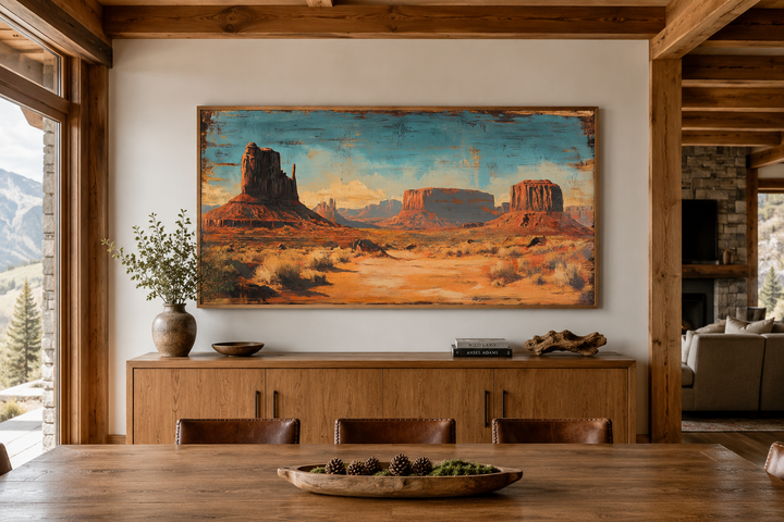 Rustic Monument Valley framed canvas wall art featuring red rock buttes in a desert landscape.