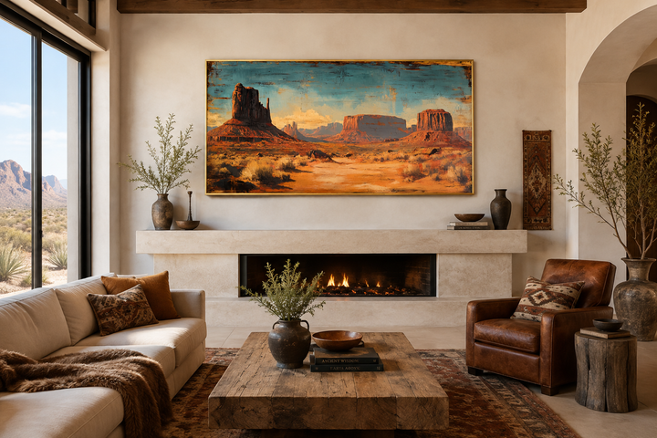 Rustic Monument Valley framed canvas wall art above a fireplace in a southwestern living room.