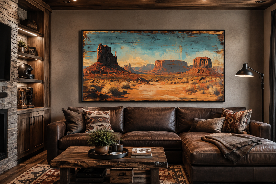 Rustic Monument Valley framed canvas wall art hanging above a brown leather sofa in a rustic room.
