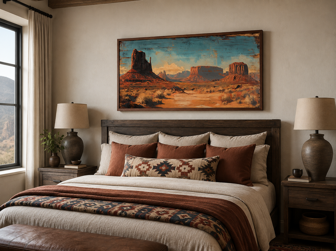 Rustic Monument Valley framed canvas wall art hanging above a bed in a southwestern style bedroom.