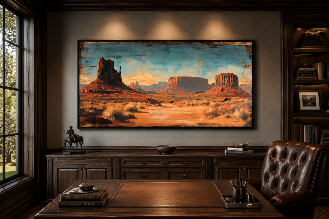Rustic Monument Valley framed canvas wall art featuring red rock buttes in a desert landscape.