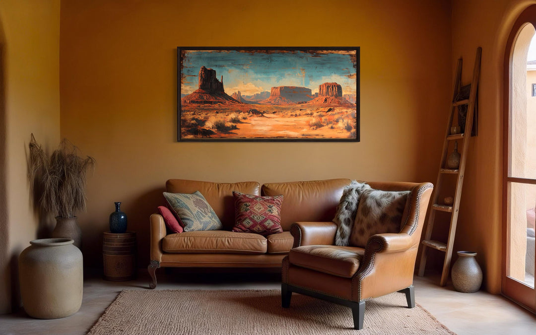 Rustic Monument Valley framed canvas wall art hanging above a leather sofa in a desert-style room.