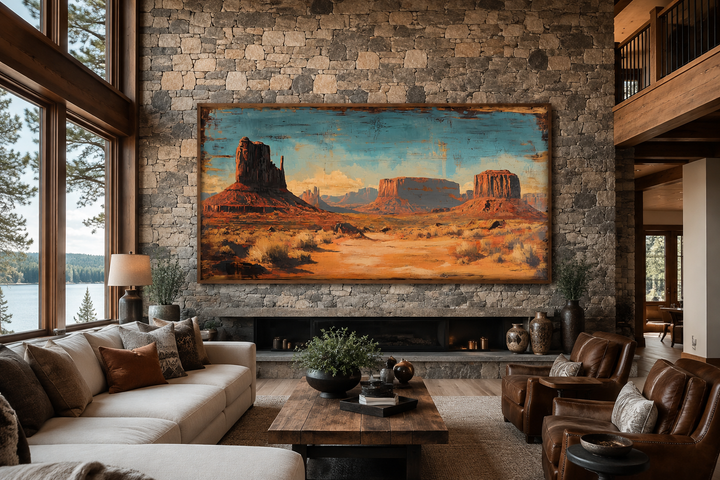 Rustic Monument Valley framed canvas wall art above a fireplace in a stone-walled living room.