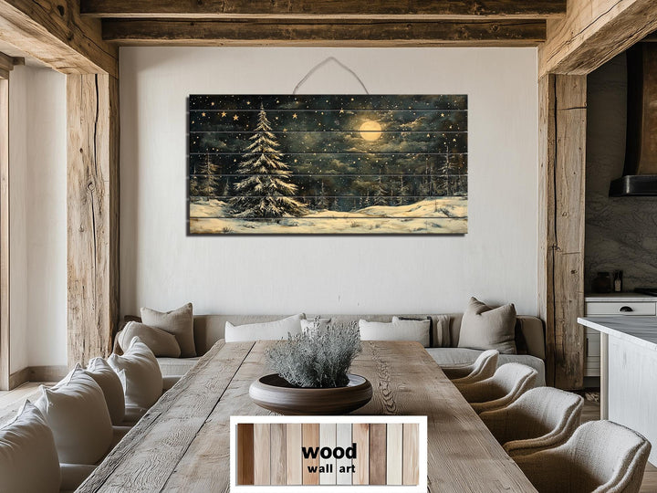 Rustic Moonlit Snowy Forest Winter Christmas Distressed Wood Wall Art