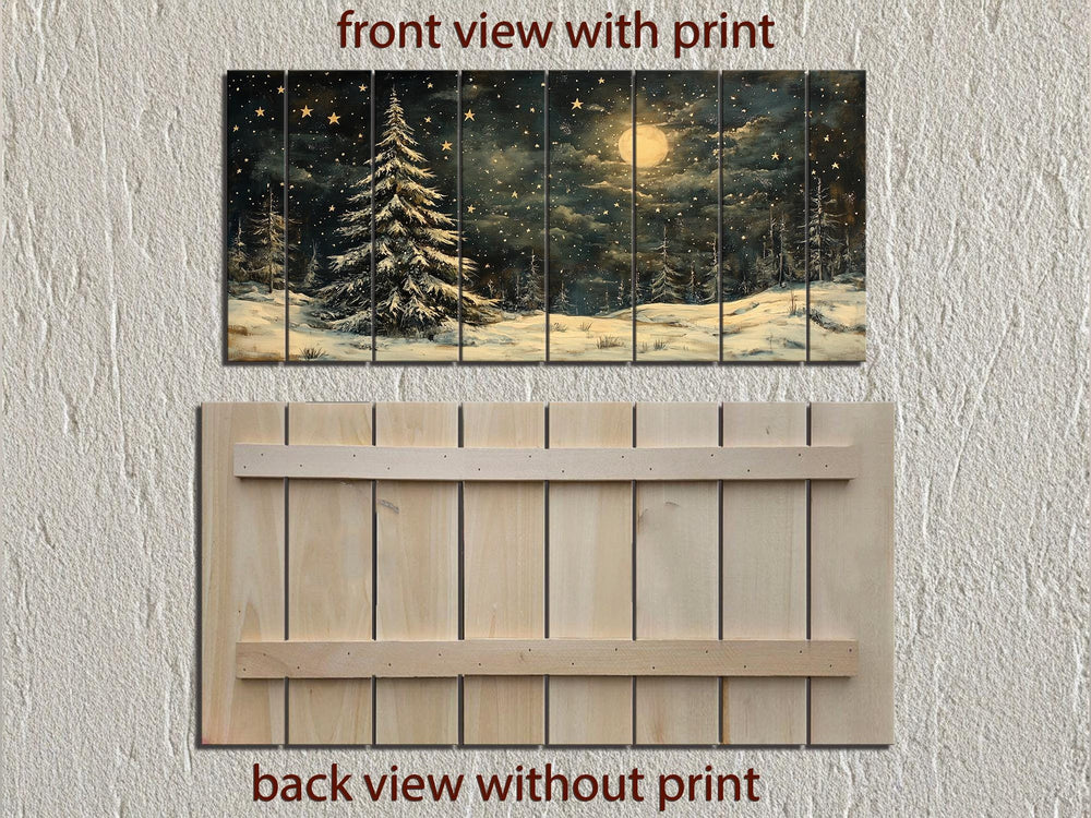 Rustic Moonlit Snowy Forest Winter Christmas Distressed Wood Wall Art