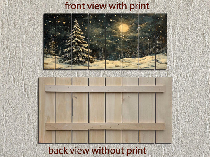 Rustic Moonlit Snowy Forest Winter Christmas Distressed Wood Wall Art