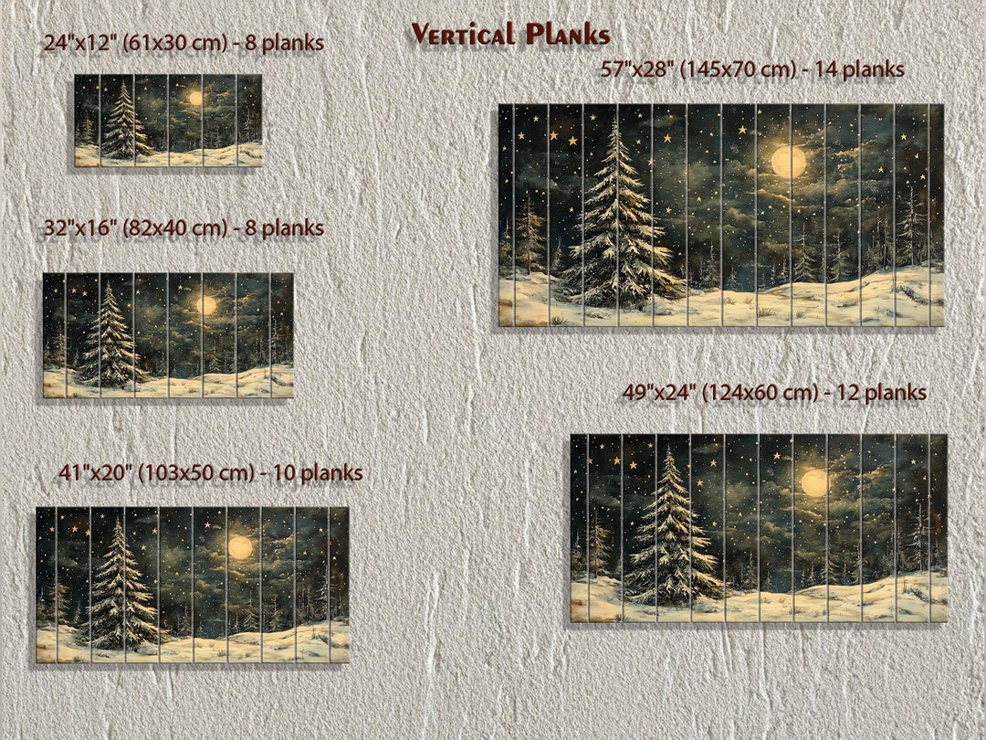 Rustic Moonlit Snowy Forest Winter Christmas Distressed Wood Wall Art