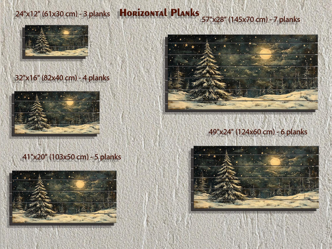 Rustic Moonlit Snowy Forest Winter Christmas Distressed Wood Wall Art