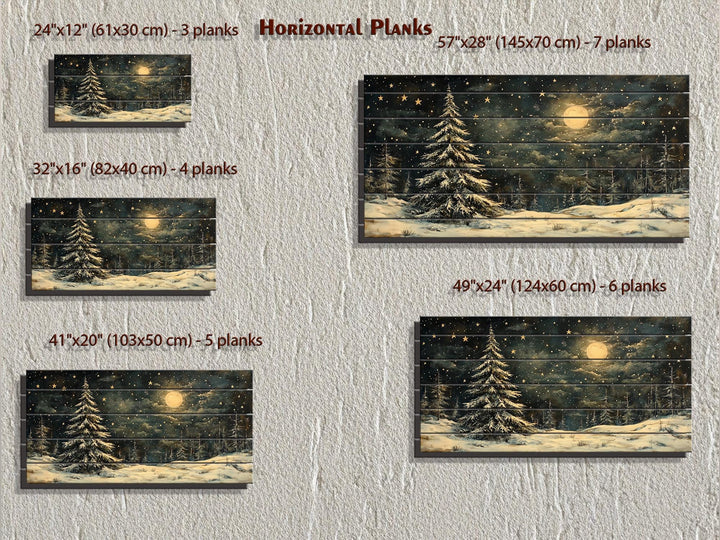 Rustic Moonlit Snowy Forest Winter Christmas Distressed Wood Wall Art