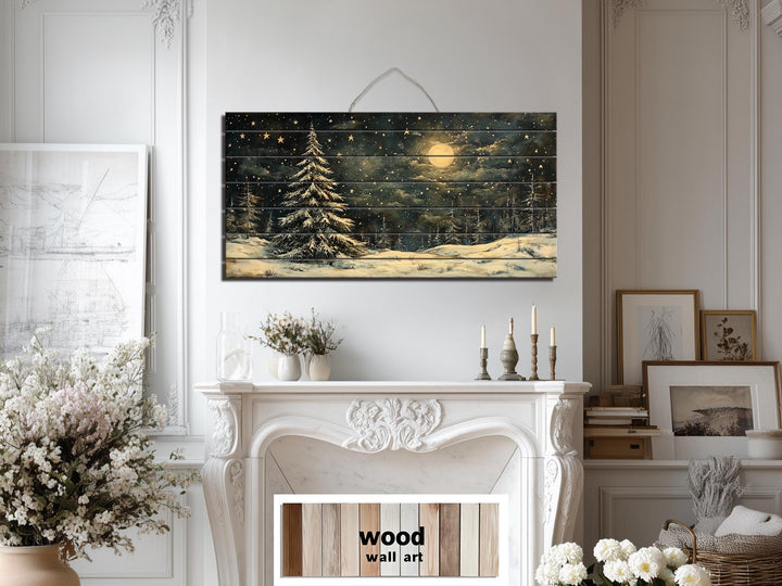 Rustic Moonlit Snowy Forest Winter Christmas Distressed Wood Wall Art