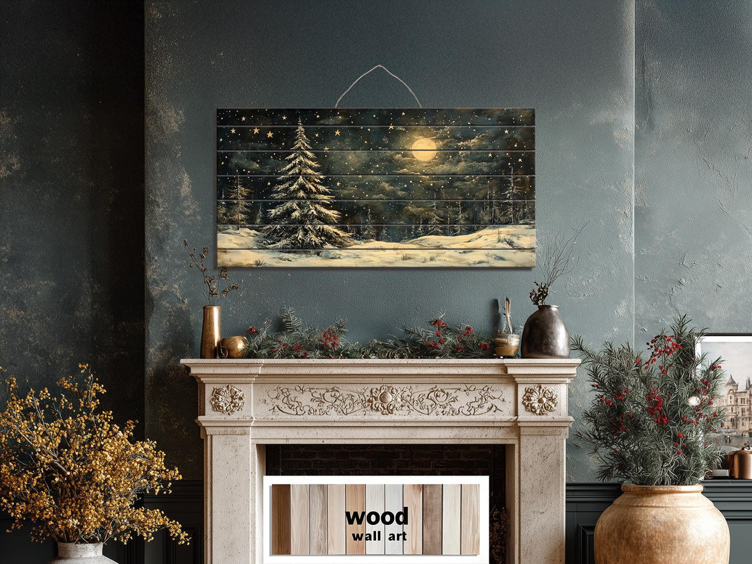 Rustic Moonlit Snowy Forest Winter Christmas Distressed Wood Wall Art
