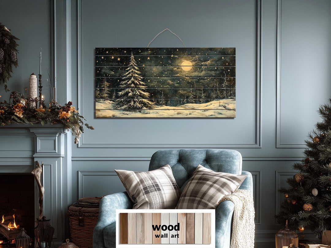 Rustic Moonlit Snowy Forest Winter Christmas Distressed Wood Wall Art