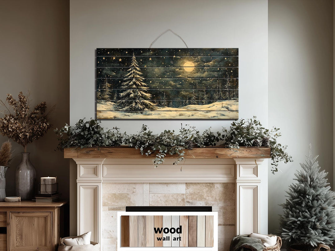 Rustic Moonlit Snowy Forest Winter Christmas Distressed Wood Wall Art