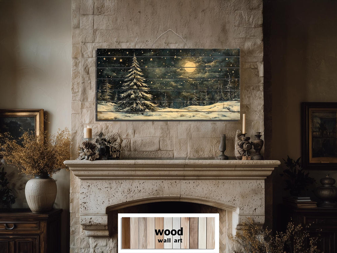 Rustic Moonlit Snowy Forest Winter Christmas Distressed Wood Wall Art