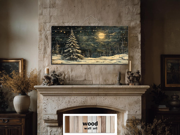 Rustic Moonlit Snowy Forest Winter Christmas Distressed Wood Wall Art