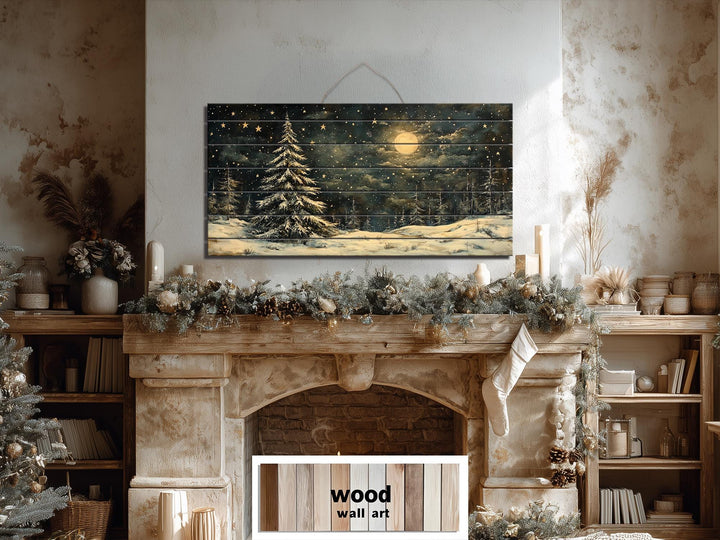 Rustic Moonlit Snowy Forest Winter Christmas Distressed Wood Wall Art