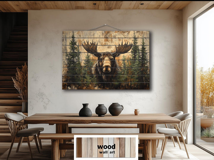 Rustic Moose In Pine Trees Distressed Wood Wall Art