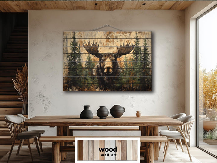 Rustic Moose In Pine Trees Distressed Wood Wall Art