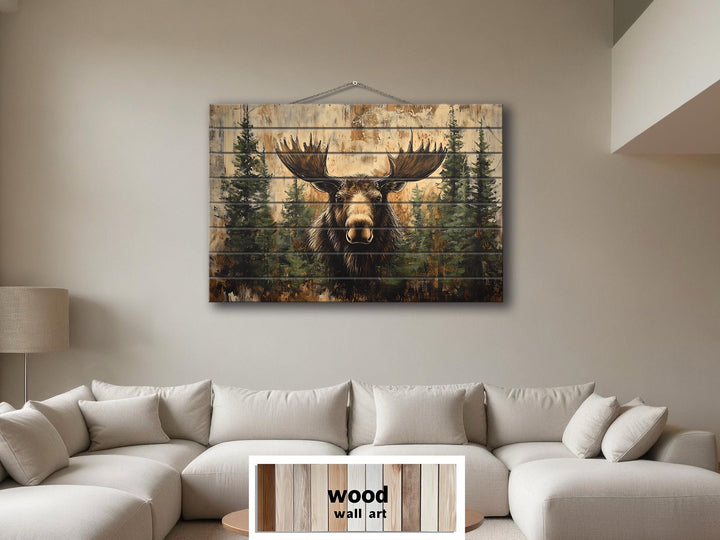 Rustic Moose In Pine Trees Distressed Wood Wall Art