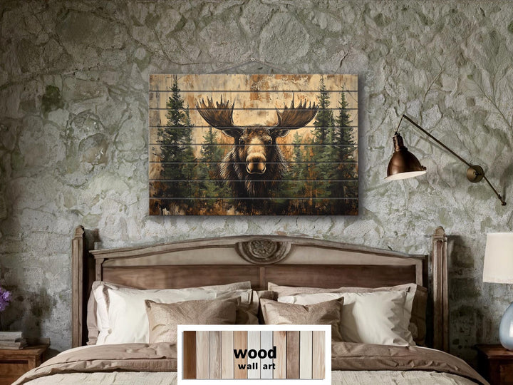 Rustic Moose In Pine Trees Distressed Wood Wall Art