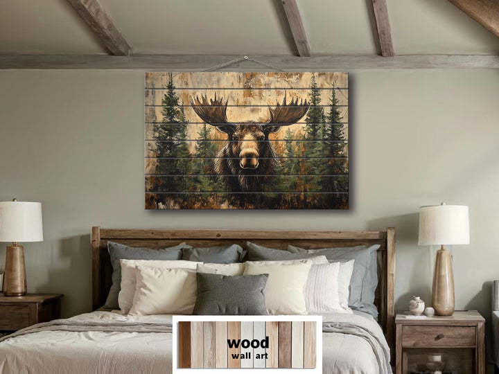 Rustic Moose In Pine Trees Distressed Wood Wall Art