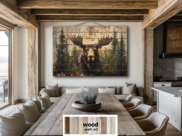 Rustic Moose In Pine Trees Distressed Wood Wall Art