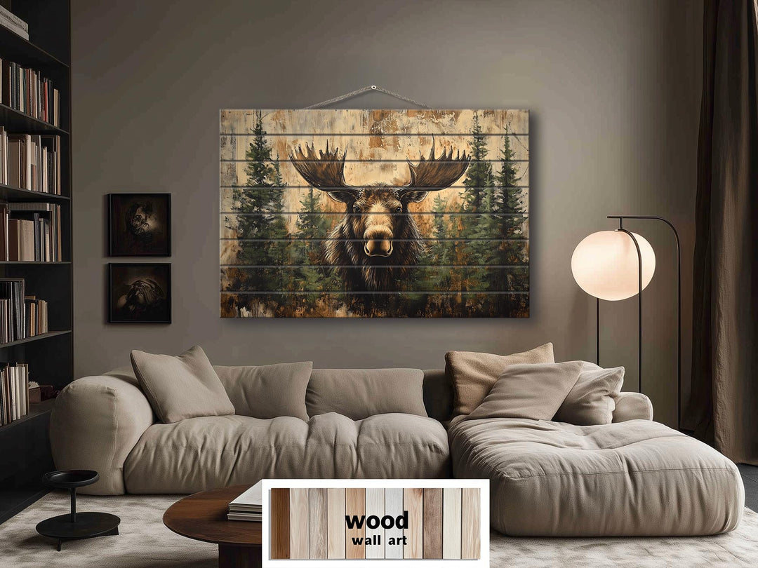 Rustic Moose In Pine Trees Distressed Wood Wall Art
