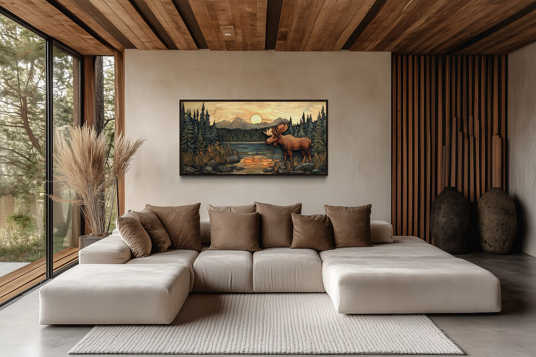 Rustic Moose Painting Framed Cabin Wall Decor