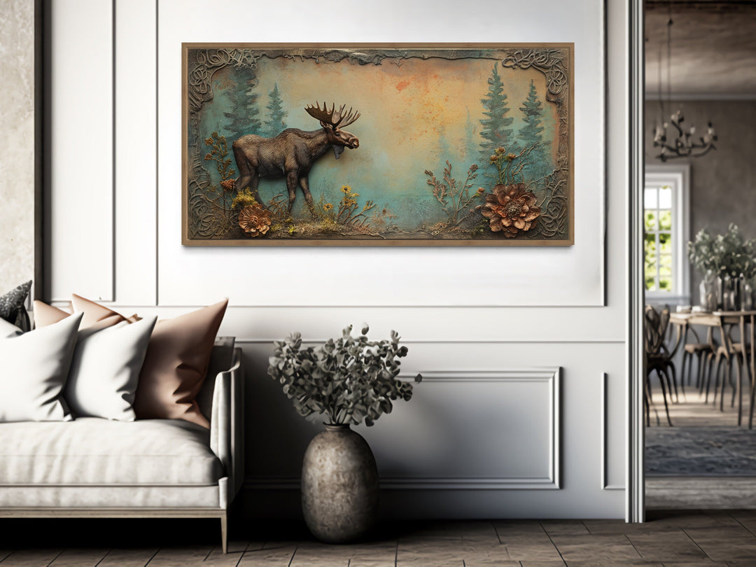 Rustic Moose Painting Framed Cabin Wall Decor