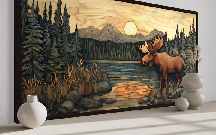 Rustic Moose Painting Framed Cabin Wall Decor